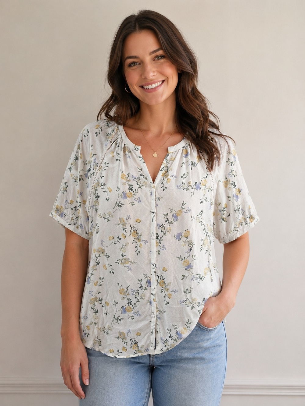Angels Floral Boho Button-Front Blouse White Size Medium